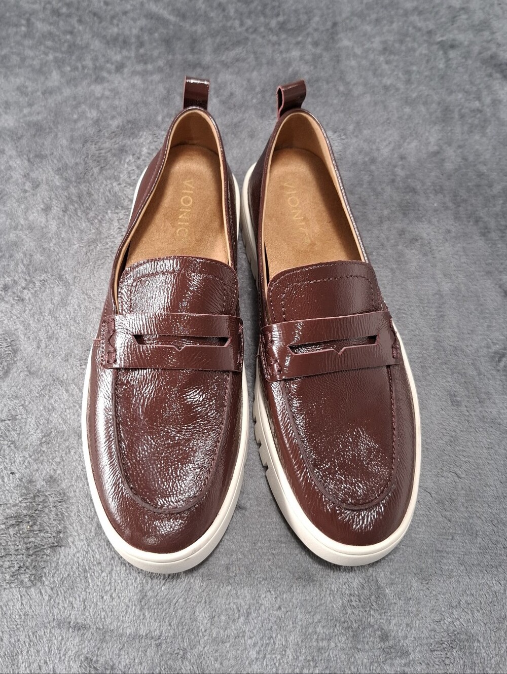 Vionic Women's Wine Patent Leather Casual Loafers with White Sole NWOB